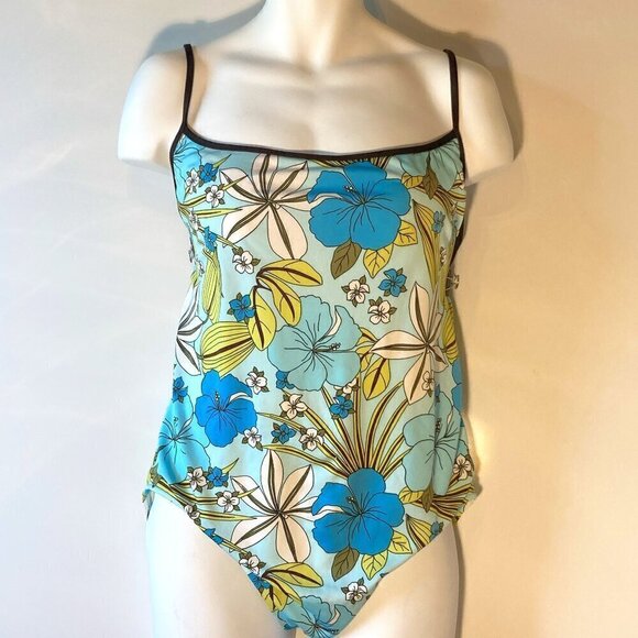 Merona SZ XXL Blue Tropical 1Pc. Tank Swimsuit & Brown Swim Skirt Beach Resort - Picture 3 of 9